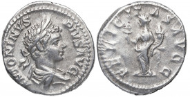 205 d.C. Caracalla. Roma. Denario. DS 4421 l. Ag. 3,76 g. FELICITAS AVGG. Felicidad a izq. MBC+. Est.60.