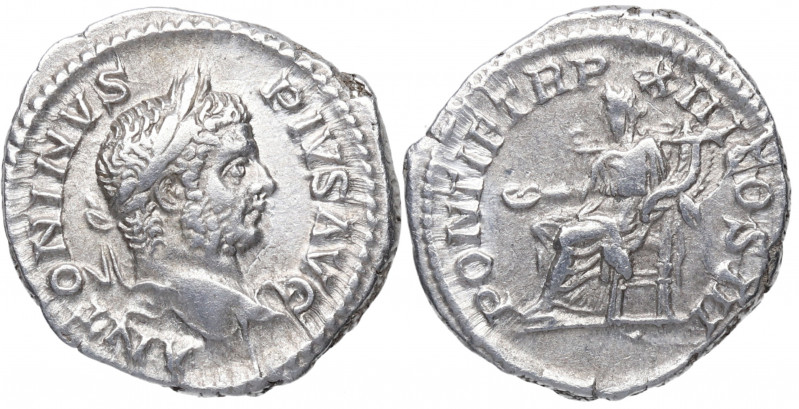 210 d.C. Caracalla. Roma. Denario. DS 4423 b.1. Ag. 3,36 g. PONTIF TR P XIII COS...