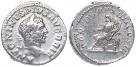210 d.C. Caracalla. Roma. Denario. DS 4457 c.2. Ag. 3,38 g. PONTIF TR P XIIII COS III. Concordia sentada a izq. MBC+. Est.60.