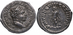 215 d.C. Caracalla. Roma. Denario. DS 4459 c.1. Ag. 3,11 g. PM TR P XVI COS IIII PP. Apolo a izq. Est.70.