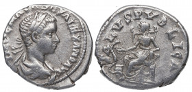 222 d.C. Alejandro Severo (231-235 d.C). Roma. Denario. DS 4814 j. Ag. 3,43 g. SALVS PVBLICA. Salud sentada a izq. MBC+. Est.60.