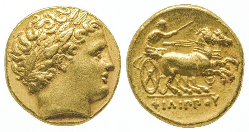 Macédoine, Philippe II (359 - 336). Statère d’or (8,59 g.) à la tête d’Apollon d...