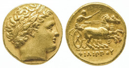 Macédoine, Philippe II (359 - 336). Statère d’or (8,59 g.) à la tête d’Apollon de beau style.
Ref : Le Rider Pella II, 1, 181., Fr.97
TTB à Superbe...