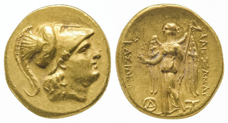 Alexandre III (336-323). Statère d’or (8,40 g.) à la tête casquée d’Athéna pour ...