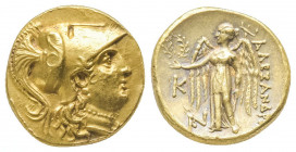 Alexandre III (336-323). Statère d’or (8,35 g) aux mêmes types, mais au revers monogrammes différents; frappe de Callatis.
Ref : Price 914.
Superbe,...