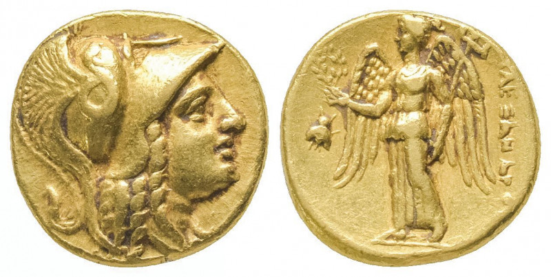 Alexandre III (336-323). Statère d’or (8,56 g.) aux mêmes types, frappé à Pella ...