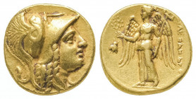 Alexandre III (336-323). Statère d’or (8,56 g.) aux mêmes types, frappé à Pella (abeille dans champ du revers).
Ref : Price 202
TTB, coups sur la tr...