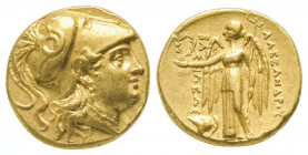 Alexandre III (336-323). Statère d’or (8,41 g.) pour la Mésembrie : au revers légende de part et d’autre de Niké, casque à aigrette dans le champ.
Ref...