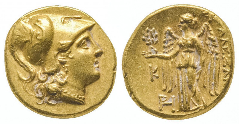 Alexandre III (336-323). Statère d’or (8,43 g.) avec, au revers, K et monogramme...