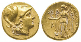 Alexandre III (336-323). Statère d’or (8,43 g.) avec, au revers, K et monogramme HP (Callatis). Ref : Price 909.
Superbe