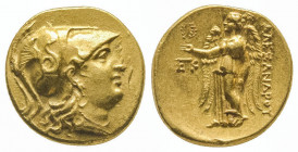 Alexandre III (336-323). Statère d’or (8,47 g.). Au revers monogramme EK dans le champ (Mer Noire ?)
TTB