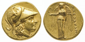 Alexandre III (336-323). Statère d’or (8,45 g.) sans symbole ou monogramme au revers (Macédoine ?). Superbe, signes sur la tranche