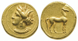 ZEUGITANE. Carthage (350-320).
Statère d’or (9,43 g.) à la tête de Tanit et au cheval libre au repos.
Ref : Pozzi 3306., Fr.580
TTB