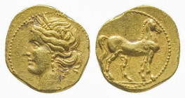 ZEUGITANE. Carthage (350-320). Quart de shekel en or (1,83 g.) aux mêmes types.
Ref : Pozzi3310., Fr.598
TTB à Superbe