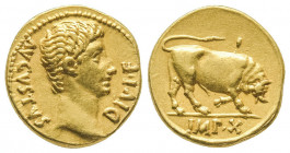 Auguste (27av-14).
Auréus (7,82 g) au taureau cornupète (IMP X à l’exergue). Frappe de Lyon (14-12 av.).
Ref : C 136, Cal 212., Fr.54
Superbe
