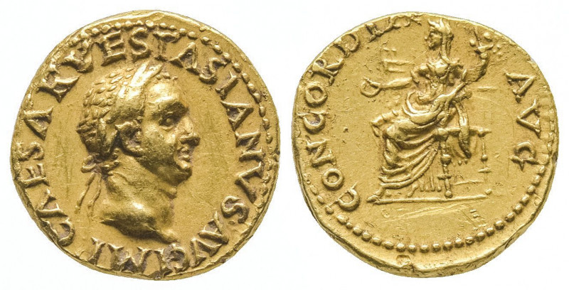 Vespasien (69-79). Auréus (7,30 g). Frappée à Tarraco. R/ CONCORDIA AVG. La Conc...