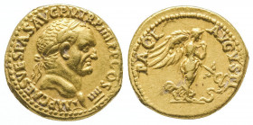 Vespasien. Auréus (7,35 g).
R/ Némésis tenant un caducée et marchant à droite ; à ses pieds un serpent. Frappé à Lyon en 72-73.
Ref : C 284, Cal 656.
...