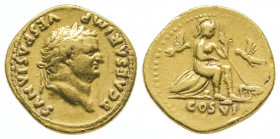 Titus (79-81). Auréus (7,19 g).
R/ Rome assise sur un bouclier, entre deux colombes ; en arrière plan la louve allaitant Remus et Romulus. Frappe de R...