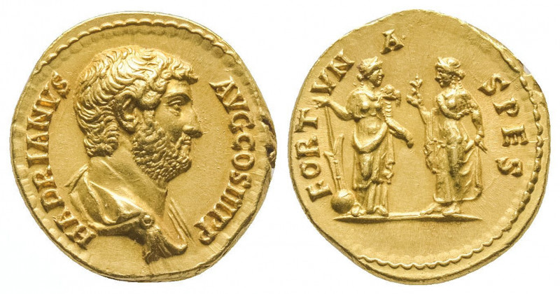 Hadrien (117-138).
Auréus (6,91 g).
R/ La Fortune et l’Espoir.
Frappe de Rome, 1...
