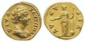 Faustine Mére (138-141).
Auréus (7,22 g). R/ La Fortune tenant patère et gouvernail reposant sur un globe.
Frappe posthume de Rome.
Ref : C -, Cal 176...