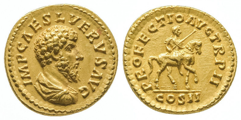Lucius Verus (161-169).
Auréus (7,29 g) au buste nu et drapé de l’empereur. R/ L...