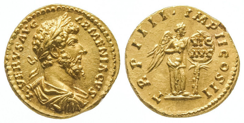 Lucius Verus
Auréus (7,39 g) au buste lauré et drapé de l’empereur.
R/ Victoire ...
