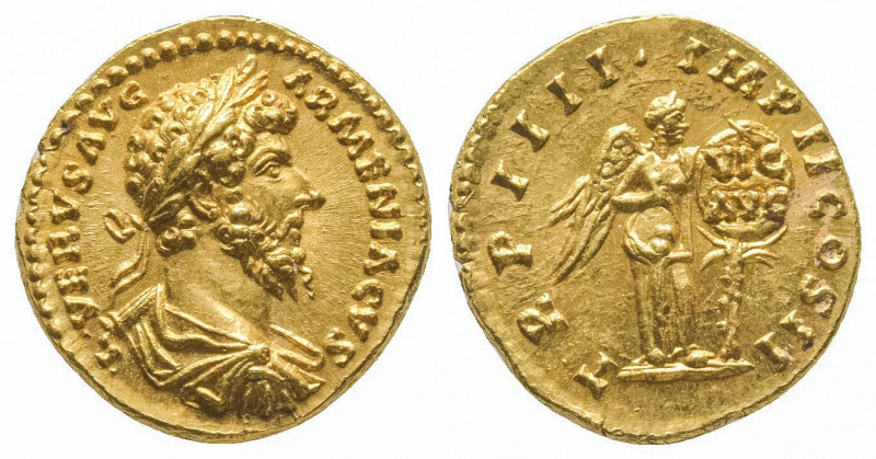 Lucius Verus.
Auréus (7,35 g) au buste lauré et drapé de l’empereur.
R/ Victoire...
