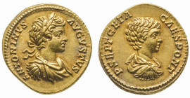Caracalla et Geta.
Auréus (6,90 g) au buste lauré, cuirassé et drapé de Caracalla.
R/ Buste tête nue de Géta. Frappe de Rome, 199-200.
Ref : C 1v, Cal...