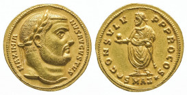 Maximien Hercule (286-310).
Auréus (5,53 g).
R/ L’empereur debout tenant globe et épée, à l’exergue S MAΣ entre lunule et étoile. Frappe d’Antioche, 2...