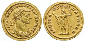 Diocletien (284-305).
Auréus (5,03 g) au buste lauré et cuirassé de l’empereur.
R/ Jupiter debout à g. tenant sceptre et foudre. Ref : C 216, Cal 44...