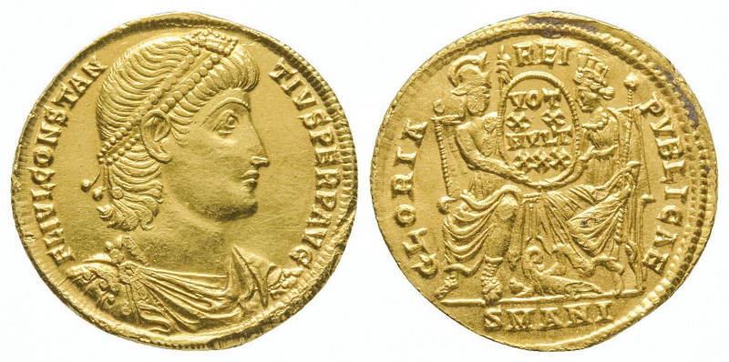 Constance II (337-361).
Solidus (4,43 g) d’Antioche au buste diadémé, drapé et ...