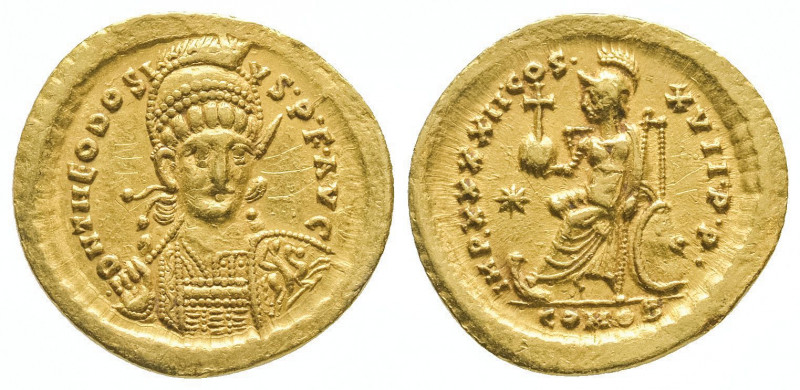 Théodose II (402-450).
Solidus (4,44 g) de Constantinople, COMOB. R/ Constantin...