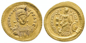 Théodose II (402-450).
Solidus (4,45 g) de Constantinople, à l'exergue CONOB.
Ref : Sear.21140
TTB