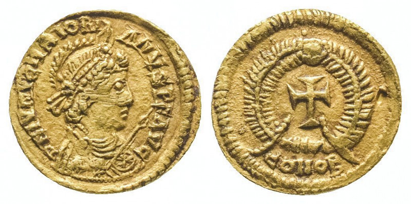 Majorien (457-461).
Trémissis (1,48 g) au buste casqué de l’empereur tenant une ...