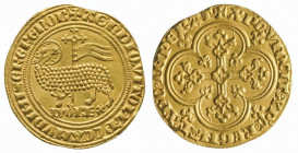 LOUIS X (1314-1316).
Agnel. (3,91 g.)
Ref : Dy 234.
Rare et seule monnaie d’or du règne.
Traces d'outils sur la tranche sinon Superbe.