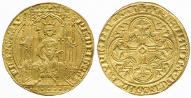 PHILIPPE VI (1328-1350). Double d’or (6,75 g) au roi assis sous un dais gothique.
Ref : Dy 253.
Traces de pliure sinon TTB