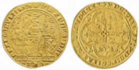 JEAN LE BON (1350-1364). Ecu d’or à la chaise (4,52 g.) de la quatrième émission (trèfles du revers accostés d’un point).
Ref : Dy 289 C.
TB /TTB...
