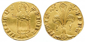 JEAN LE BON (1350-1364). Florin du Languedoc au Saint Jean (3,43 g.), différent heaume pointé.
Ref : Dy 346.
TTB, flan voilé