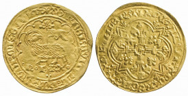 CHARLES VI (1380-1422).
Agnel d’or de la première émission (2,57 g.). Flan large, 2ème émission.
Ref : Dy 372 B.
TTB