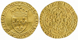 CHARLES VI (1380-1422). Ecu d’or à la couronne (3,89 g.), quatrième émission , Montpellier (point 4ème). Ref : Dy 369 c.
Presque Superbe