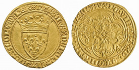 CHARLES VI (1380-1422). Ecu d’or à la couronne (3,77 g.),
(point creux quatorzième), Troyes, 5 ème émission. Ref : Dy 369 d.
TTB