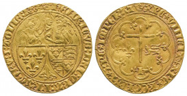 Henri VI (1422-1453).
Salut d’or (3,44 g.) de la seconde émission pour Paris.
TB/TTB, flan légèrement plié
