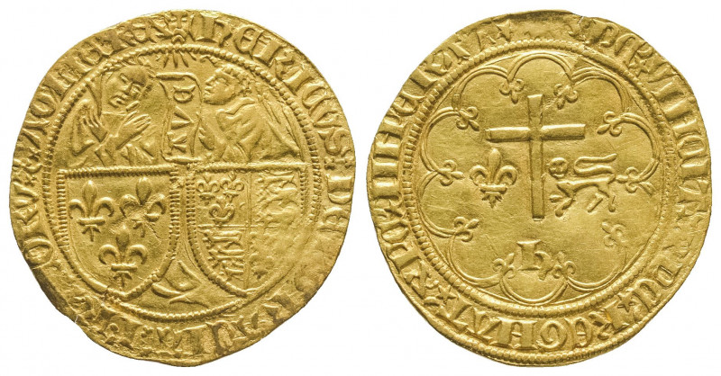 Henri VI (1422-1453).
Salut d’or (3,36 g.)
de la seconde émission pour Dijon (tê...