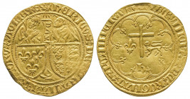Henri VI (1422-1453).
Salut d’or (3,36 g.)
de la seconde émission pour Dijon (tête de face). TB/TTB