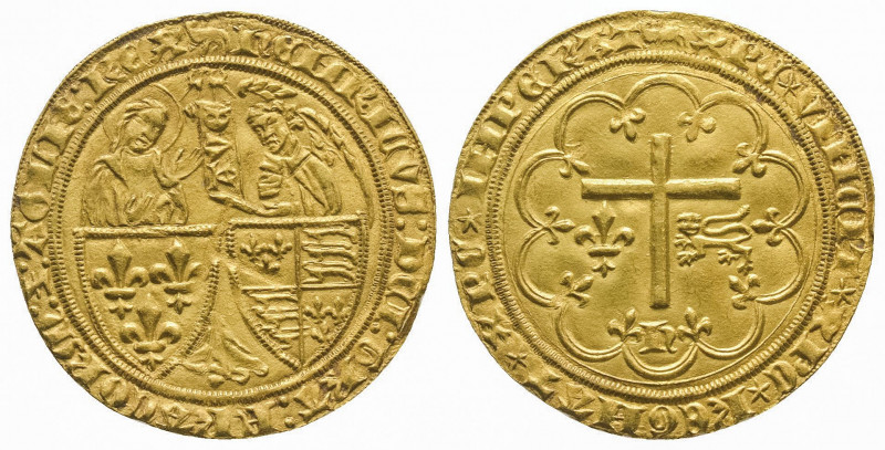 Henri VI (1422-1453).
Salut d’or (3,49 g.) de la seconde émission pour Amiens (a...