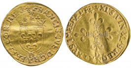 FRANCOIS I (1515-1547). Ecu d’or du 1er type pour Lyon (3,33 g), (point 12°, trèfle et D).
Ref : Dy 769.
Traces de pliure, TB, traces de lime sur la t...