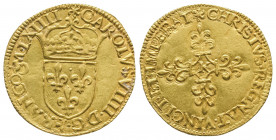 CHARLES IX (1560 – 1574).
Ecu d’or au soleil (3,34 g.) 1564 Bordeaux. Ref : Dy 1057, Sb.4904.
Superbe
