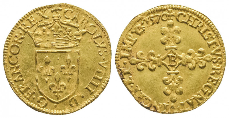 CHARLES IX (1560 – 1574).
Ecu d’or au soleil (3,33g. ), 1570 Rouen.
Ref : Dy 105...