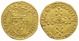 CHARLES IX (1560 – 1574).
Ecu d’or au soleil (3,33g. ), 1570 Rouen.
Ref : Dy 1057, Sb.4904.
Presque Superbe