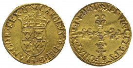 CHARLES IX (1560 – 1574). Ecu d’or au soleil du Dauphiné (3,31 g.), 1565 Grenoble.
Ref : Dy 1061, Sb. 4918.
Très rare et TTB. Trace de pliure